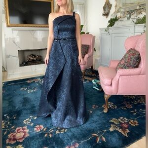 Teri Jon Navy Blue One-Shoukder Metallic Jacquard Gown